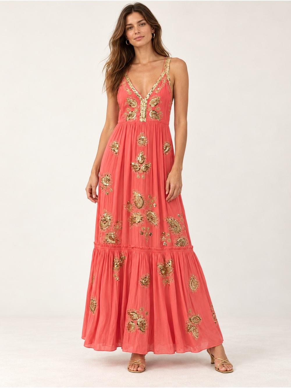 Calypso St. Barth Coral Gold Sequin Embroidered Maxi Dress XS